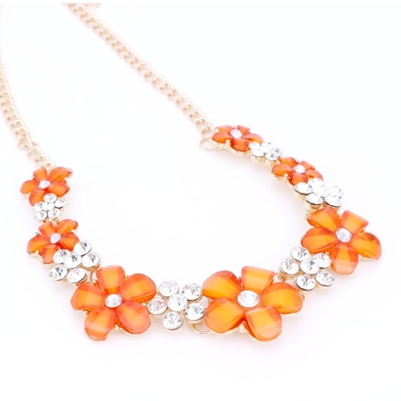18K gold plated Orange crystal flower necklace earrings set - Picture 10 of 13